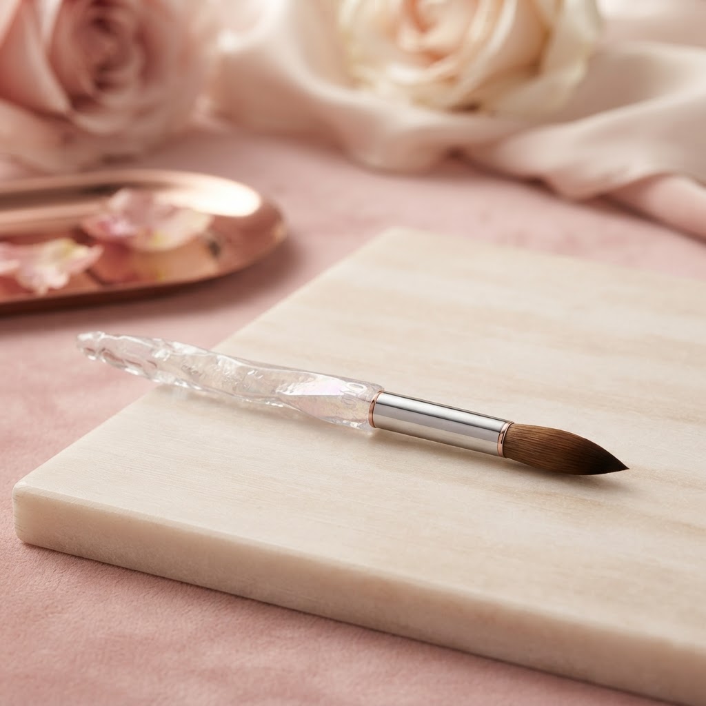 Nail Tool in USA: Essential Picks 2 Macro detail of a Kolinsky nail brush with rose-gold accents.