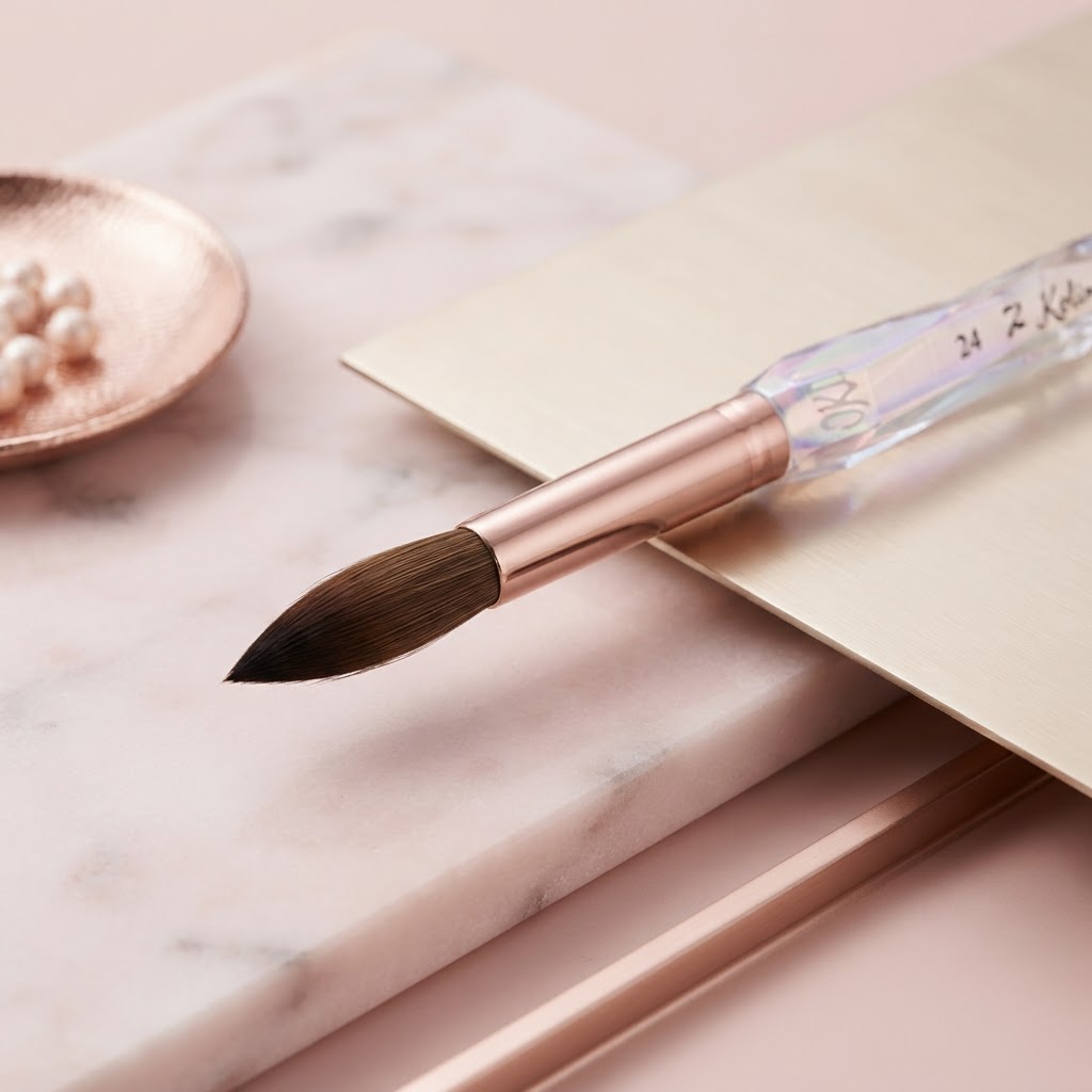 Close-up view of premium Kolinsky nail brush bristles and ferrule for acrylics.