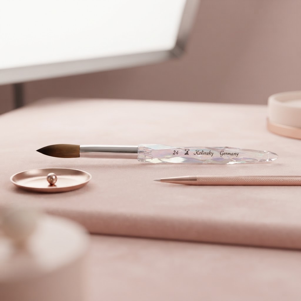 Close-up of an oval-shaped Kolinsky nail brush for acrylics.