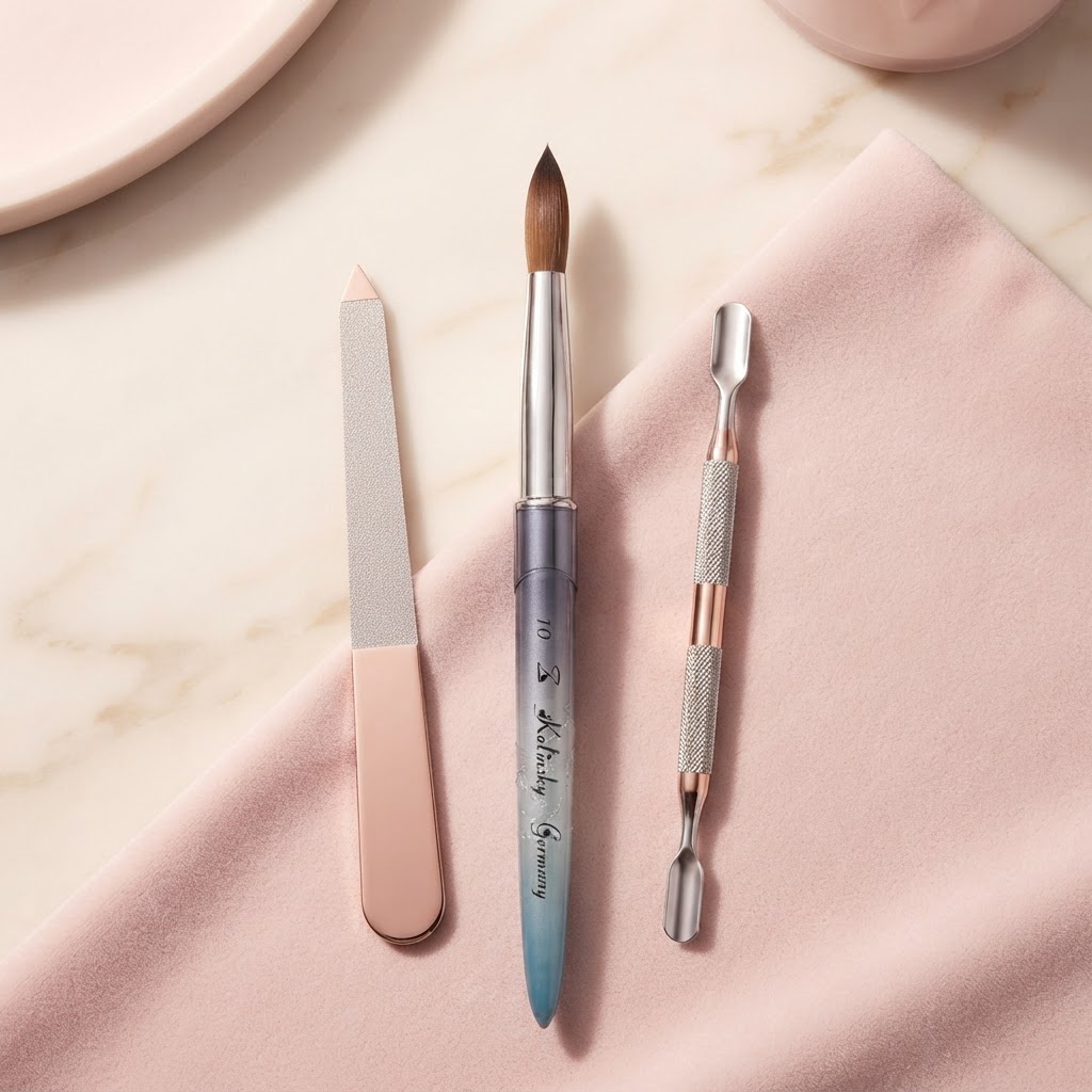 Nail Tool in USA: Essential Picks 3 Nail tools including a file, cuticle pusher, and Kolinsky nail brush with rose-gold accents.