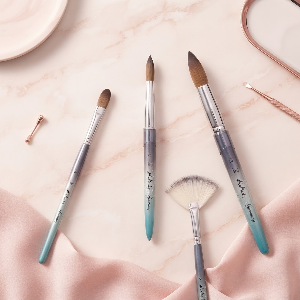 Flat-lay of different sizes and shapes of Kolinsky nail brushes for acrylic application.