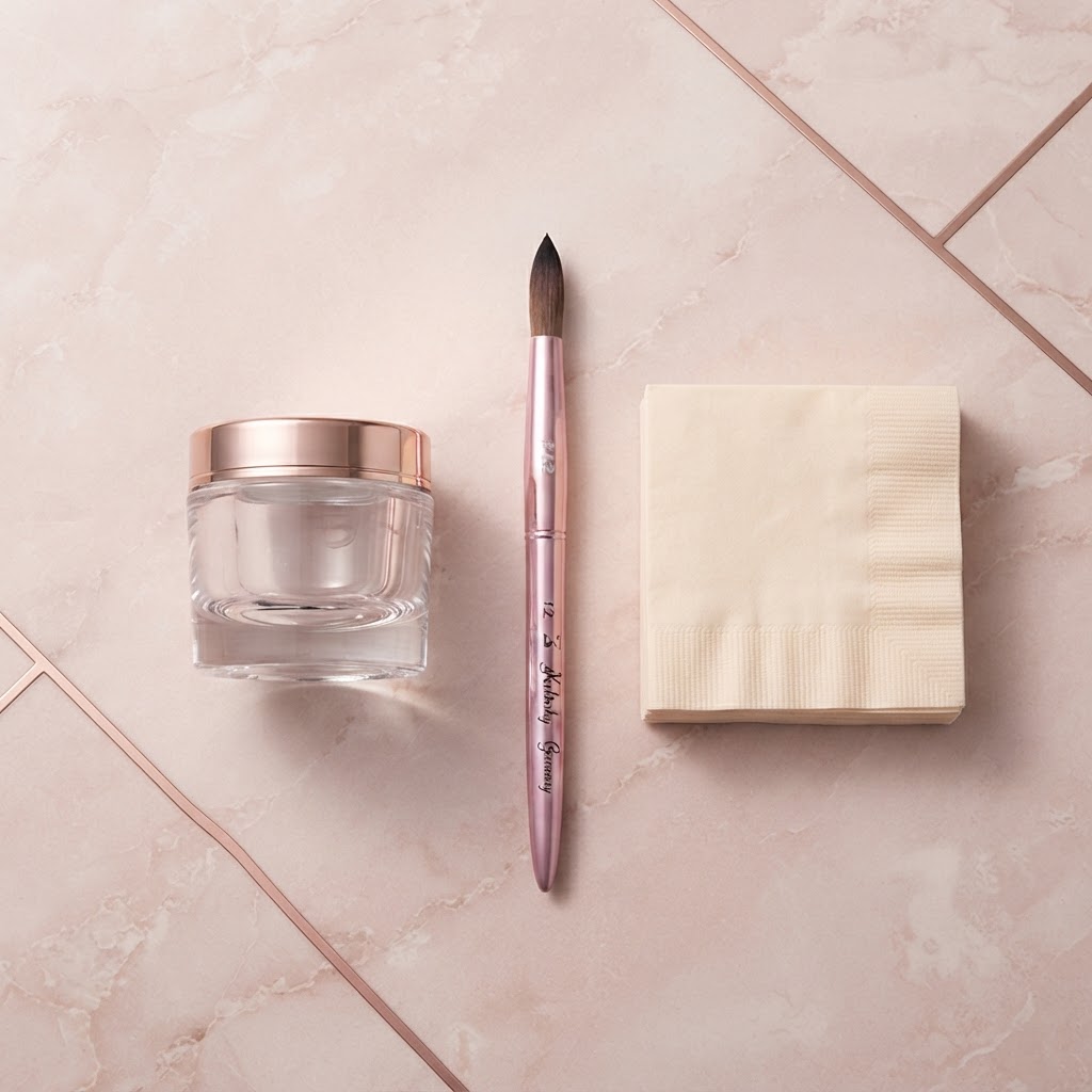 A curated flat-lay of essential tools for cleaning acrylic nail brushes: monomer, lint-free towels, and a Kolinsky brush.