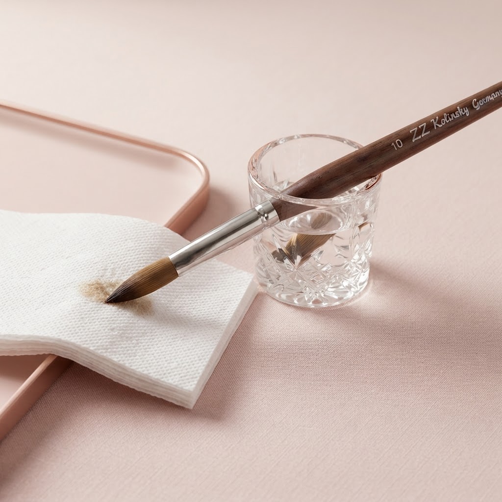 Demonstrating the cleaning process: a Kolinsky nail brush in monomer, with excess wiped onto lint-free towels.