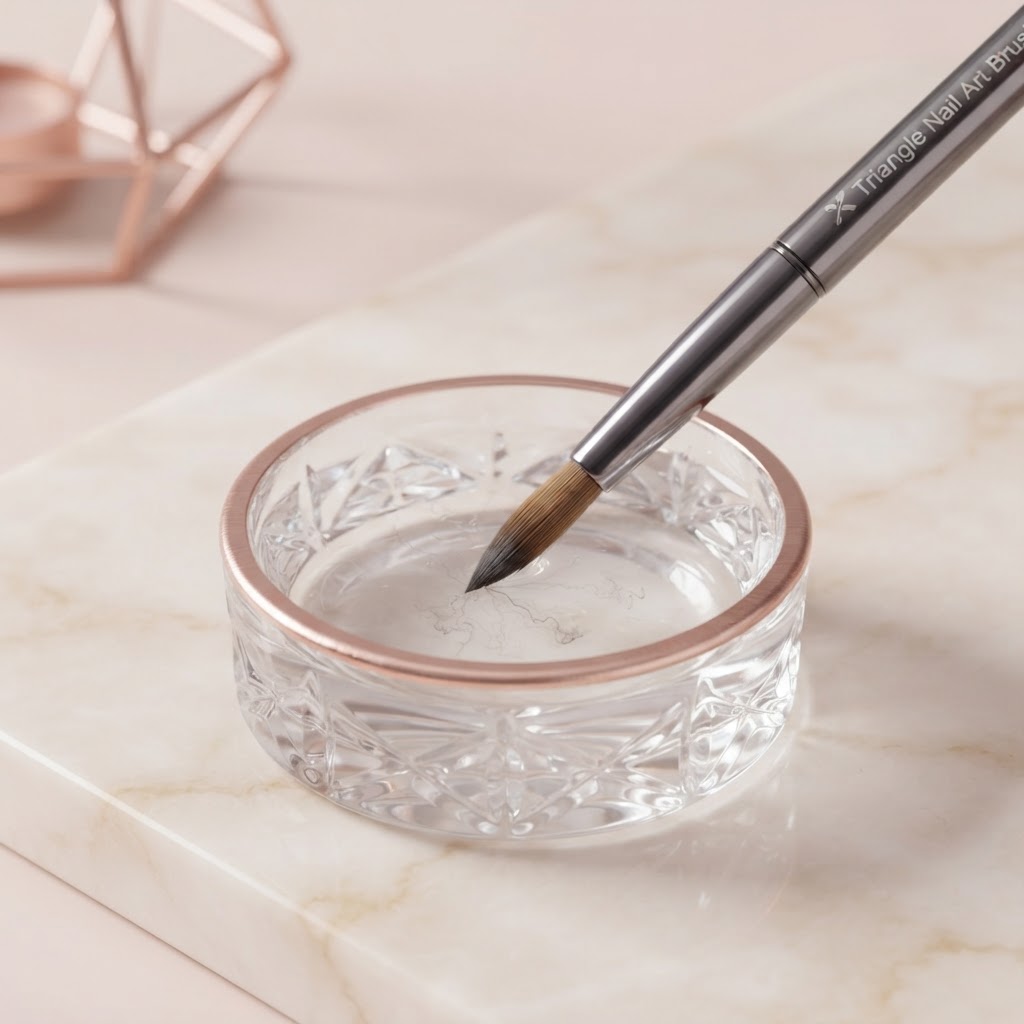 Close-up of a Kolinsky nail brush being deep cleaned with acetone, targeting stubborn acrylic residue.