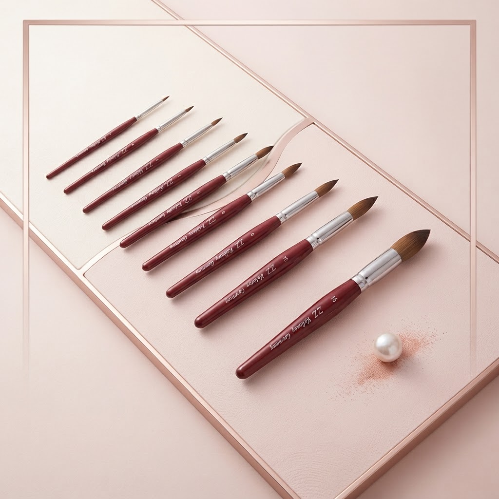 Collection of Kolinsky nail brushes in varying sizes.