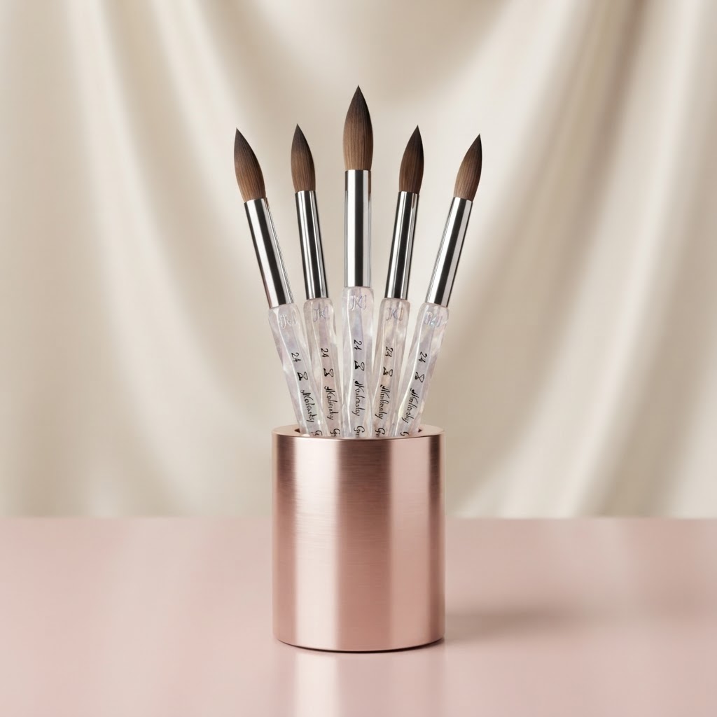 Neatly stored Kolinsky nail brushes in a rose-gold holder, demonstrating proper storage techniques.